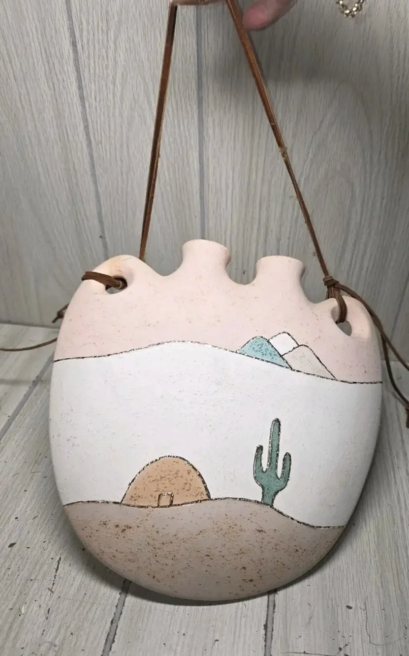 Vintage 1990’s Pottery Pastel Southwest Cactus Wall Hanging Jug Vase Native